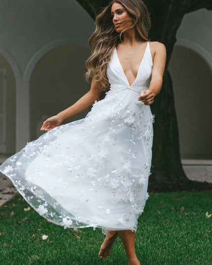 White V-Neckline Embellished Midi Dress