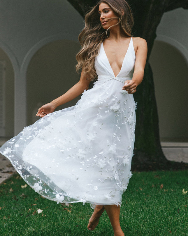 White V-Neckline Embellished Midi Dress