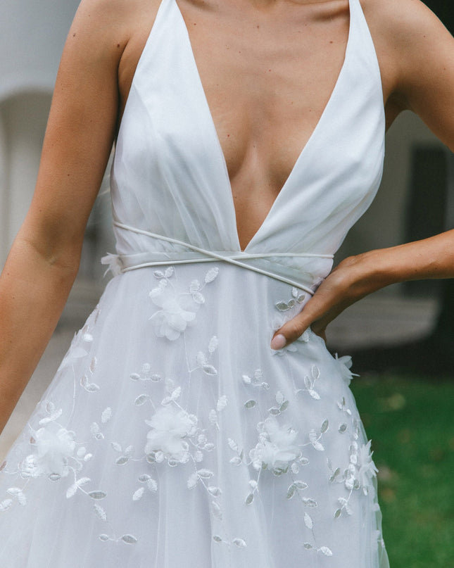 White V-Neckline Embellished Midi Dress