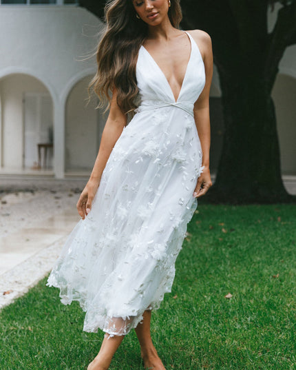 White V-Neckline Embellished Midi Dress