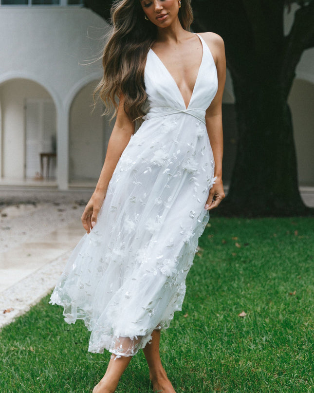 White V-Neckline Embellished Midi Dress