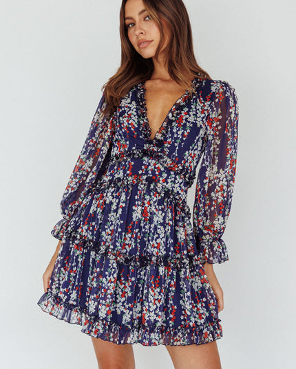 Navy Cutout Back Ruffle Detail Floral Dress