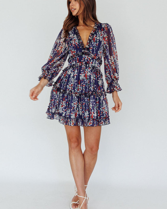 Navy Cutout Back Ruffle Detail Floral Dress