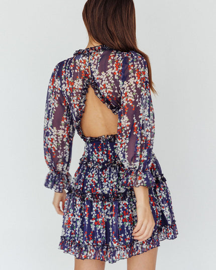 Navy Cutout Back Ruffle Detail Floral Dress
