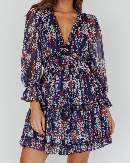 Navy Cutout Back Ruffle Detail Floral Dress