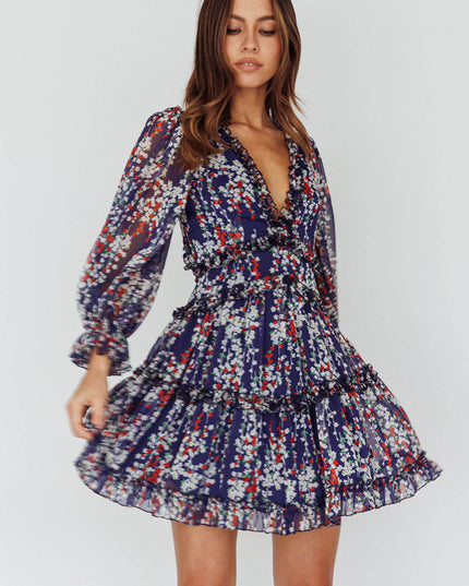 Navy Cutout Back Ruffle Detail Floral Dress