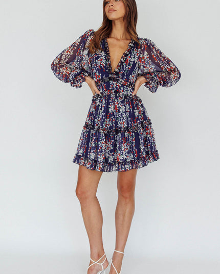 Navy Cutout Back Ruffle Detail Floral Dress