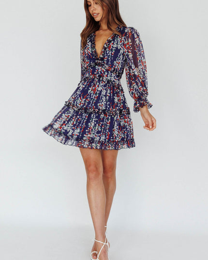 Navy Cutout Back Ruffle Detail Floral Dress