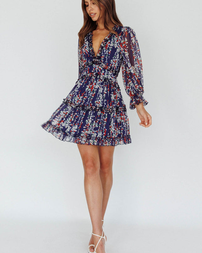 Navy Cutout Back Ruffle Detail Floral Dress