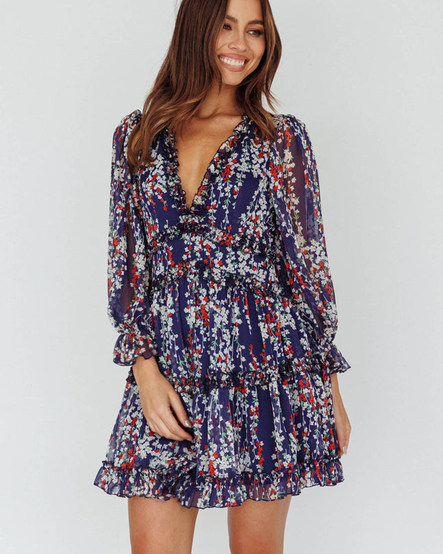 Navy Cutout Back Ruffle Detail Floral Dress