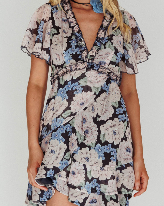 Blue Sleeve Ruffle Dress Floral