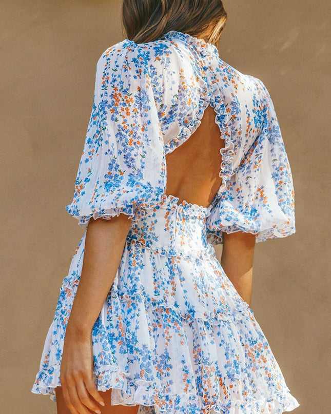 White Cutout Back Ruffle Detail Floral Dress