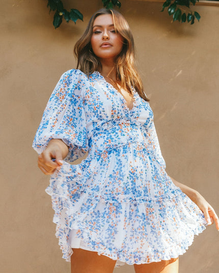 White Cutout Back Ruffle Detail Floral Dress