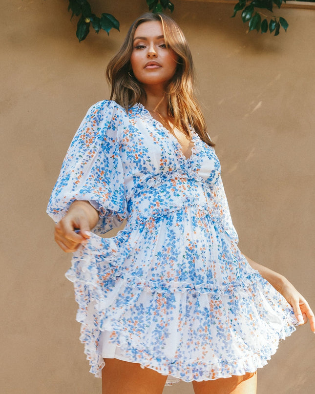 White Cutout Back Ruffle Detail Floral Dress