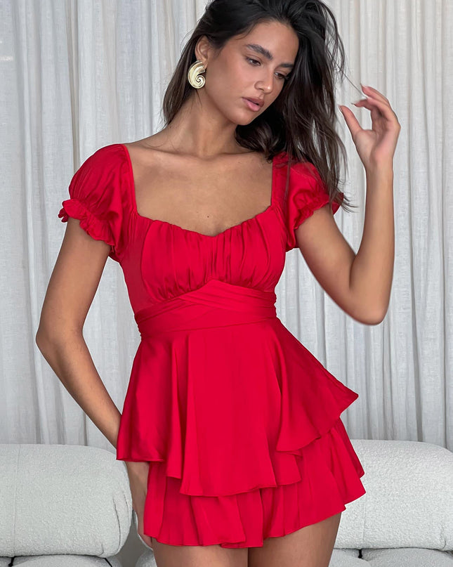 Red Off-Shoulder Tie Back Romper