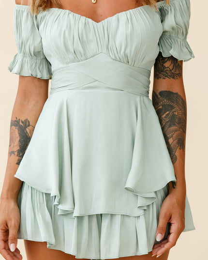 Pistachio Off-Shoulder Tie Back Romper