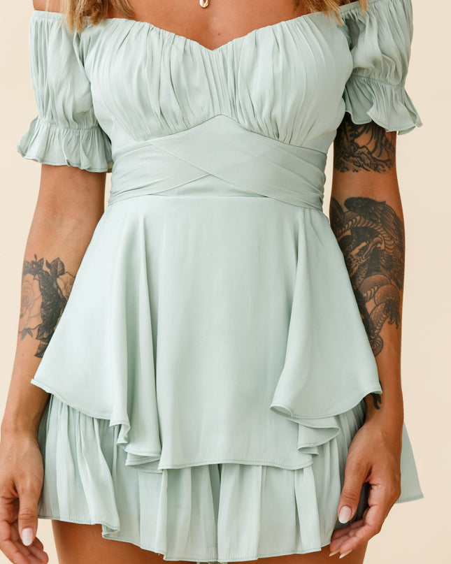 Pistachio Off-Shoulder Tie Back Romper