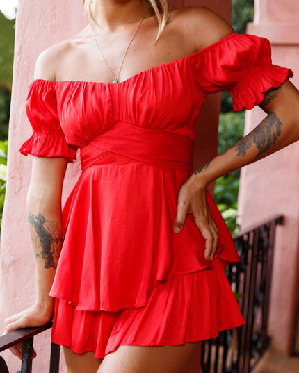 Red Off-Shoulder Tie Back Romper