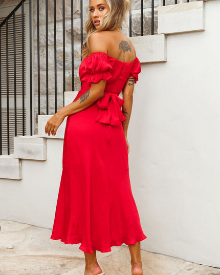 Red Off-Shoulder Tie Back Midi Dress
