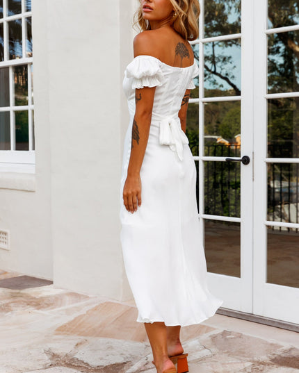 White Off-Shoulder Tie Back Midi Dress