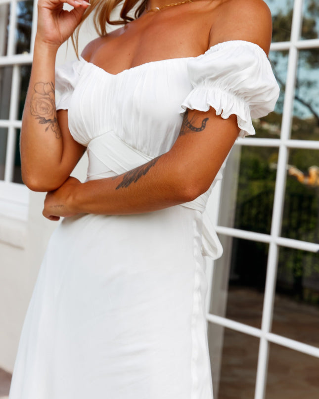 White Off-Shoulder Tie Back Midi Dress