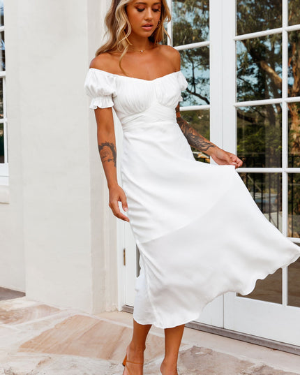 White Off-Shoulder Tie Back Midi Dress