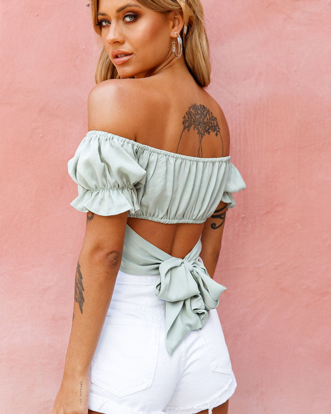 Pistachio Off-Shoulder Tie-Back Crop Top
