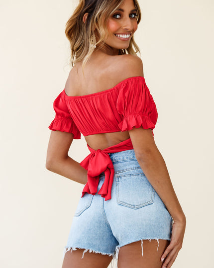 Red Off-Shoulder Tie-Back Crop Top
