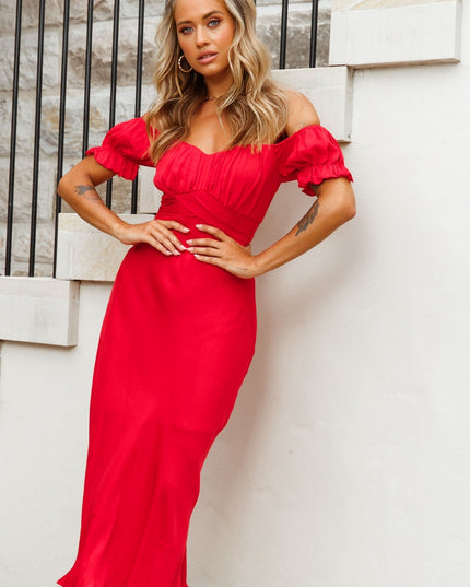 Red Off-Shoulder Tie Back Midi Dress