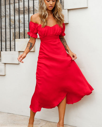 Red Off-Shoulder Tie Back Midi Dress