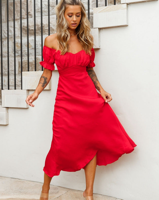Red Off-Shoulder Tie Back Midi Dress