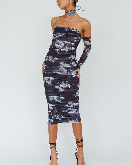 Black Off-Shoulder Midi Dress Floral