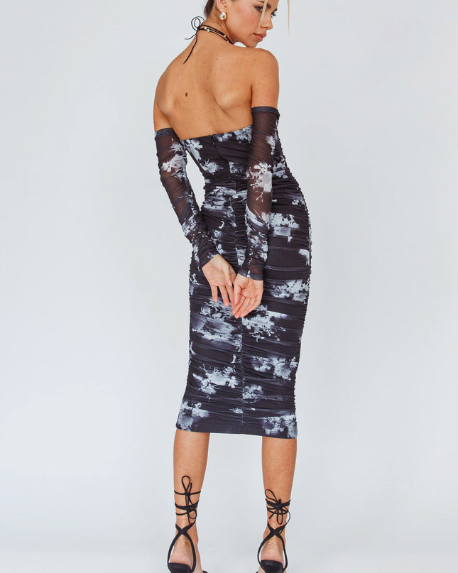 Black Off-Shoulder Midi Dress Floral