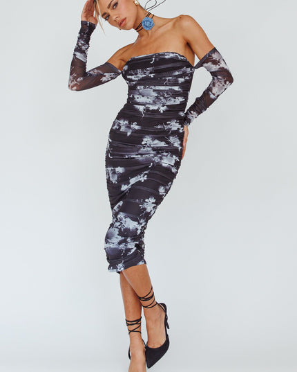 Black Off-Shoulder Midi Dress Floral