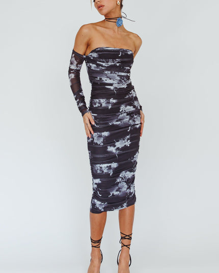 Black Off-Shoulder Midi Dress Floral