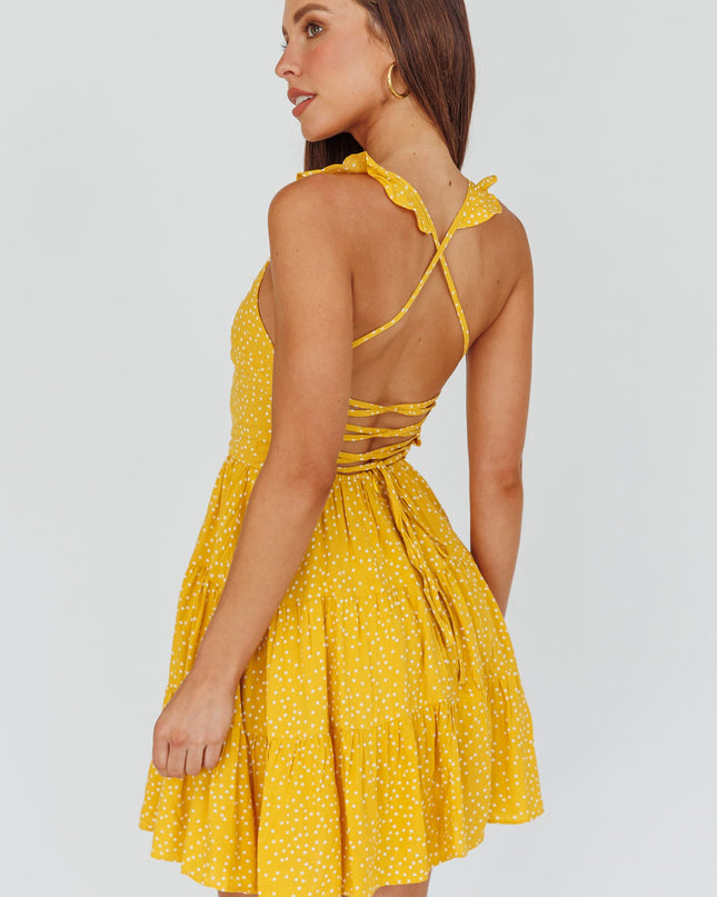 Yellow Hem Lace-Up Back Dress