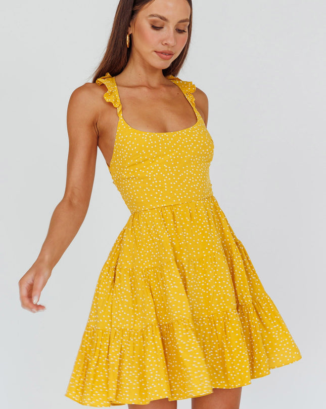 Yellow Hem Lace-Up Back Dress
