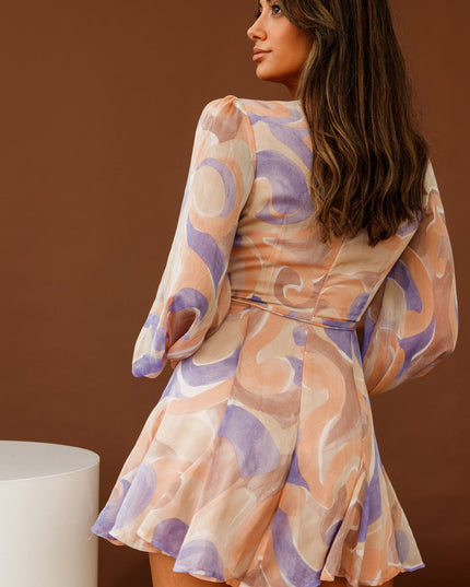 Nude/Purple Long Sleeve V-Neckline Dress Swirl Print