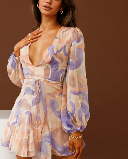 Nude/Purple Long Sleeve V-Neckline Dress Swirl Print