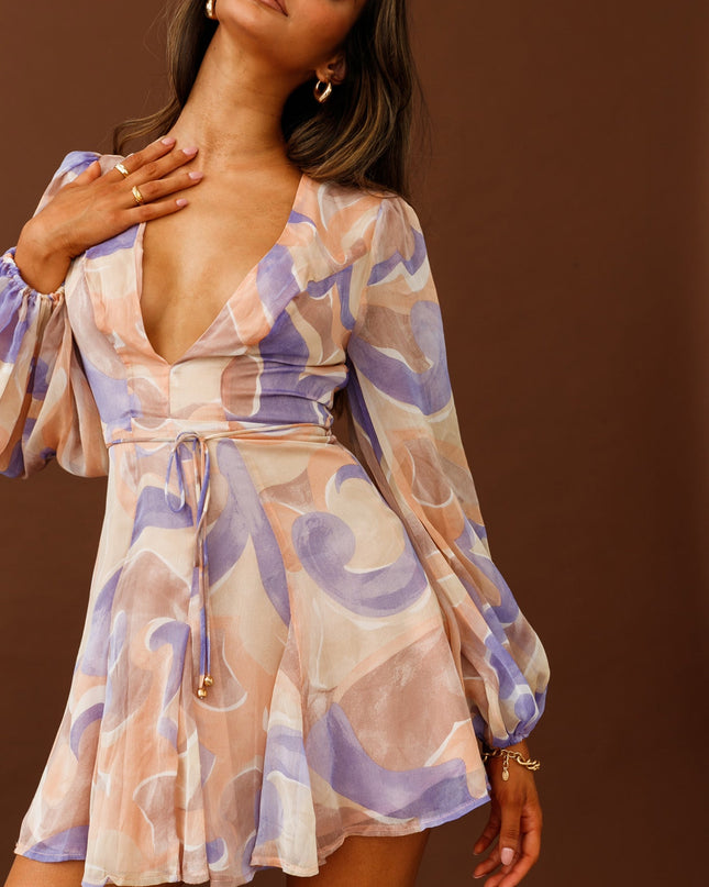 Nude/Purple Long Sleeve V-Neckline Dress Swirl Print