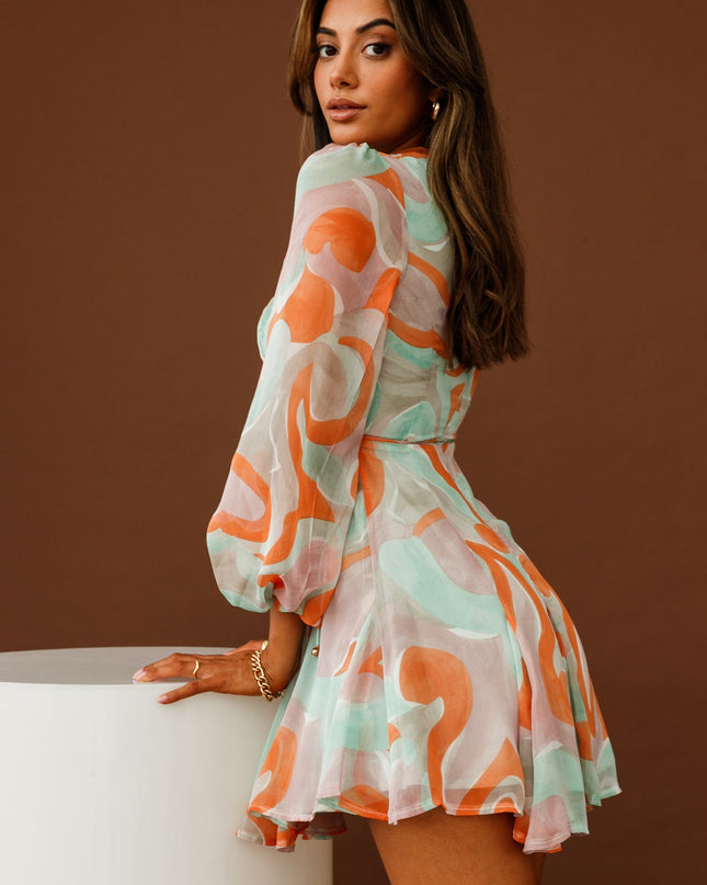 Orange/Mint Long Sleeve V-Neckline Dress Swirl Print