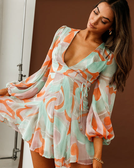 Orange/Mint Long Sleeve V-Neckline Dress Swirl Print