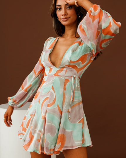 Orange/Mint Long Sleeve V-Neckline Dress Swirl Print
