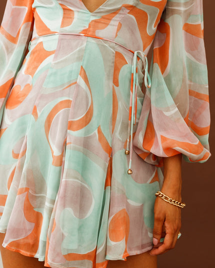 Orange/Mint Long Sleeve V-Neckline Dress Swirl Print