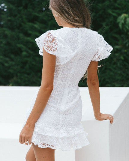 White Crew Neck Ruffle Sleeve Dress Lace Overlay