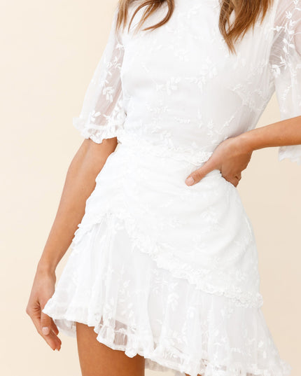 White Sleeve Frill Trim Dress Leaf Embroidered