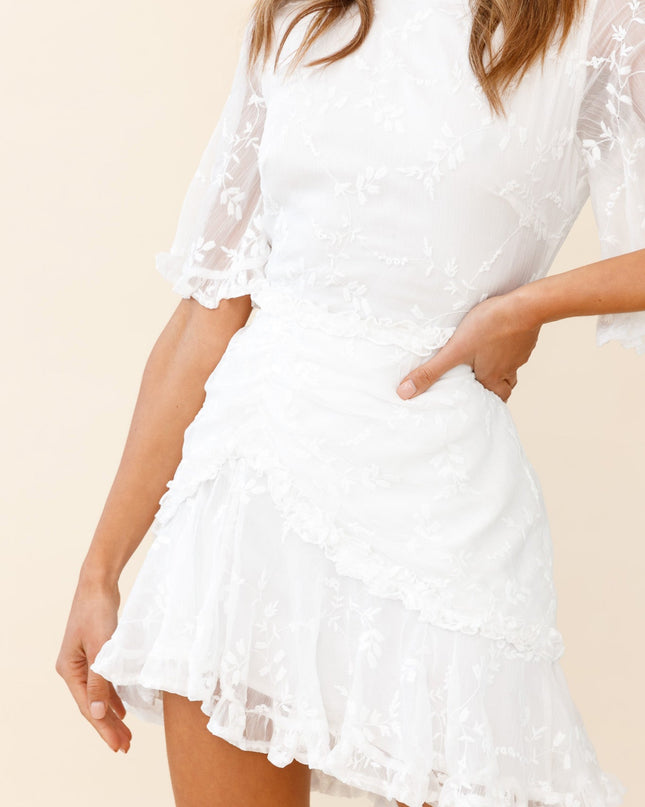 White Sleeve Frill Trim Dress Leaf Embroidered