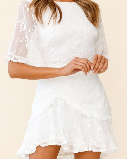 White Sleeve Frill Trim Dress Leaf Embroidered