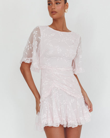 Blush Sleeve Frill Trim Dress Embroidered