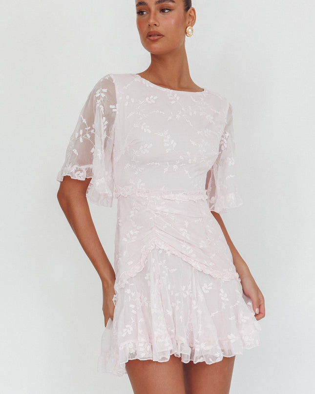 Blush Sleeve Frill Trim Dress Embroidered